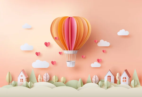 愛とバレンタインの日 オリガミは雲 コピースペース 挨拶カードと空の心の形で熱気球を作りました ペーパーは芸術様式を切りました ストックベクター