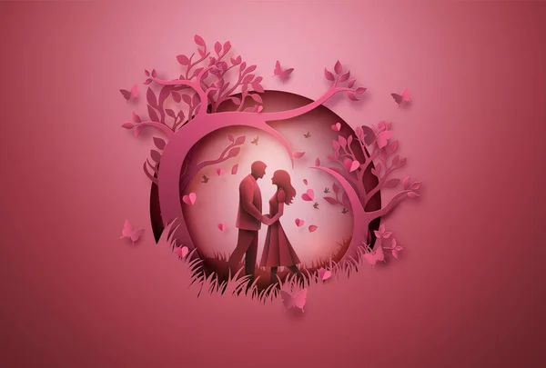 Vektor Illustration Der Liebe Valentinstag Zwei Liebende Unter Baum Kopierraum Vektorgrafiken