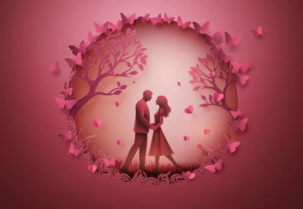 愛のベクトルイラスト バレンタインデー 木の下の2人の愛好家 コピースペース 挨拶カード ペーパーカットアートスタイル ロイヤリティフリーのストックイラスト