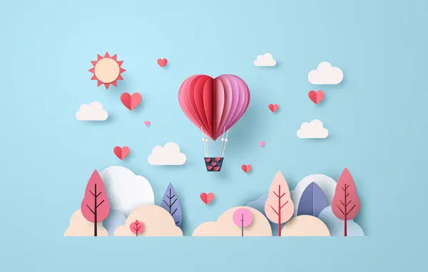 Illustration Amour Saint Valentin Origami Fait Voler Montgolfière Sur Ciel Vecteurs De Stock Libres De Droits