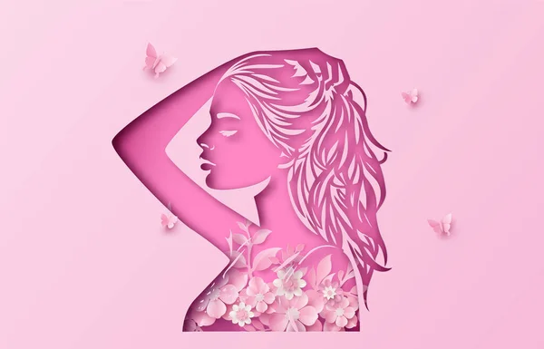 Uluslararası Kadınlar Günü Yürüyüşü Çiçek Yaprak Çerçevesiyle Kağıt Sanatı Tarzında Telifsiz Stok Vektörler