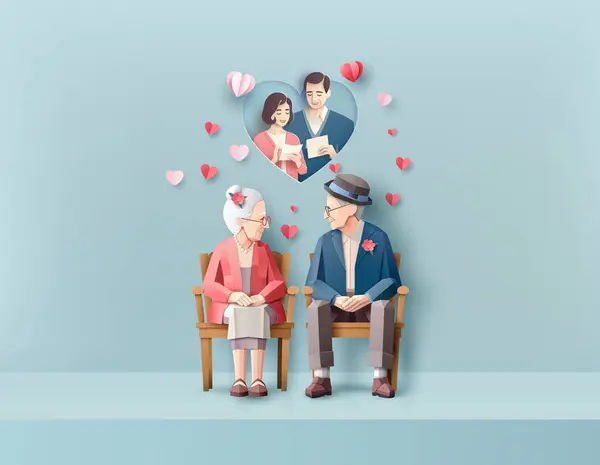 愛とバレンタインデー 80歳以上の愛するカップルが椅子 紙工芸スタイルに座っています ビットマップからの画像トレースではなく ベクターアプリケーションとプログラムの事前ツールに準拠 ストックベクター