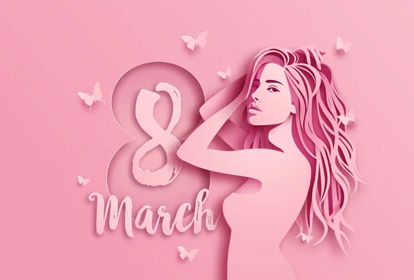 Internationaler Frauentag März Mit Frau Und Butterfliege Papierschnitt Stil Vektorgrafiken