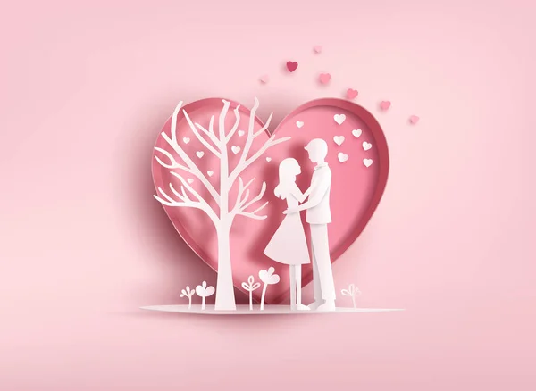 Liebe Einen Valentinstag Mit Liebevollen Paar Grußkarte Papier Geschnitten Art Stockvektor