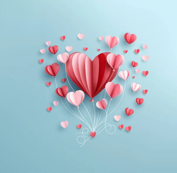 Romantische Liebe Valentinstag Origami Machte Heißluftballon Herzform Auf Hellblauem Himmel lizenzfreie Stockillustrationen