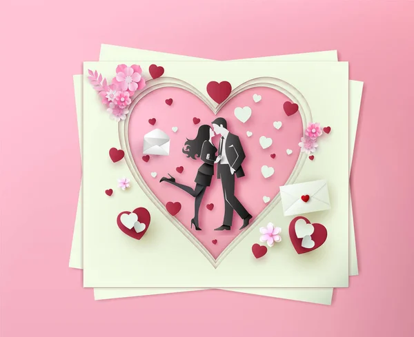 愛するカップルのグリーティングカードペーパーカットアートスタイルで バレンタインデーを愛します ベクターアプリケーションとプログラムの事前ツールに準拠 ストックベクター