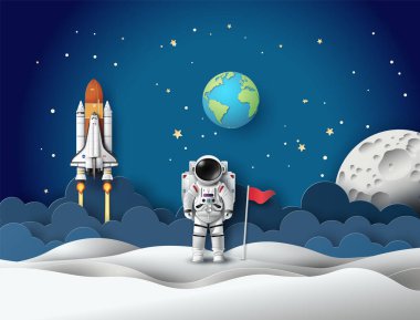 Gezegen üzerinde bayraklı bir astronot, kağıt kesim tarzı..