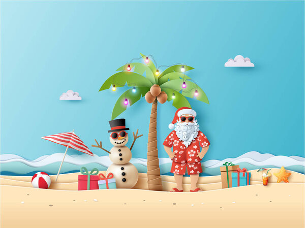 Celebrate Christmas in a tropical paradise with Santa in beachwear and a snowman under a decorated palm tree. Perfect for holiday designs, 