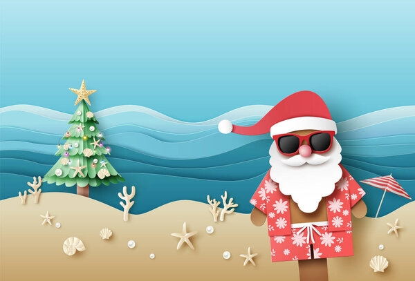 Celebrate Christmas in July with a festive tropical twist! This paper art cut-style image features Santa in sunglasses and a Hawaiian shirt, enjoying the beach alongside a seashell-adorned Christmas tree.