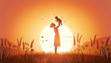 Güzel bir siluet bir anne çocuğunu sıcak bir günbatımına doğru kaldırıyor, sevgiyi, ilgiyi ve ebeveynle çocuk arasındaki bağı simgeliyor. 