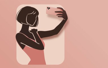 Uluslararası Kadınlar Günü 'nde özçekim yapan, kendini sevmeyi ve güçlenmeyi sembolize eden kendine güvenen bir kadının minimalist bir çizimi..