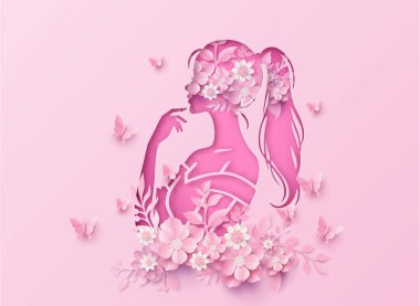 Uluslararası Kadınlar Günü 8. Yürüyüşü çiçek ve yaprak çerçevesiyle, kağıt sanatı tarzında..