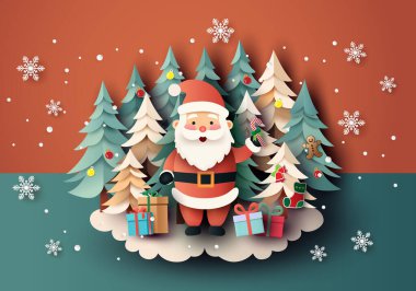 Noel Baba, kırmızı ve yeşil arka planda süslenmiş Noel ağaçları, hediyeler ve kar taneleriyle çevrili, kağıt kesimli bir sanat eseriyle kutlanır..