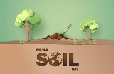 Dünya Toprak Günü. Tepede yeşil bir küre var, bunun altında topraktan filizlenen küçük bir bitki var, büyümeyi, toprak sağlığını ve çevreyi sembolize ediyor. Kağıt kesimi sanat tarzı..