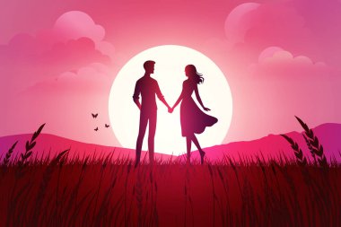 Sevgililer Günü Romantizmi: Buğday Tarlasında El ele tutuşan Çiftin Romantik Günbatımı Silueti