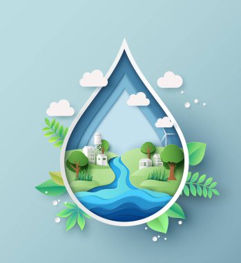  Dünya su günü kağıdı manzaralı bir su damlacığını keser. İçerisinde, yeşil tepeler boyunca bir nehir akar. Ağaçlar, evler ve su kulesi vardır. Rüzgar türbini yenilenebilir enerjiyi sembolize eder. Damlanın etrafında yapraklar ve bulutlar var., 