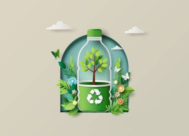 Geri dönüşümü ve çevresel sürdürülebilirliği teşvik eden yaratıcı bir kağıt kesimi tasviri. İçinde ağaç olan yeşil plastik bir şişe eko bilinçli yaşam ve atık azaltımını simgeler..