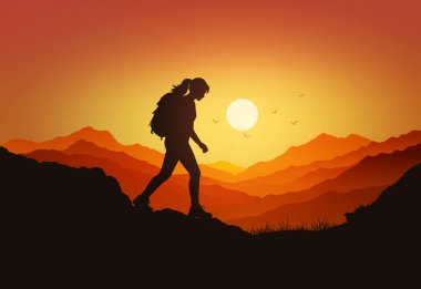 Gün batımında dağ yolunda yürüyen bir kadın yürüyüşçünün vektör çizimi. Sıcak turuncu eğimli gökyüzü ve katmanlı dağ siluetleri barışçıl ve ilham verici bir açık hava macera sahnesi yaratıyor.