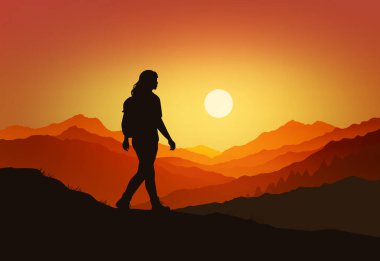 Gün batımında dağlarda tek başına yürüyüş yapan bir kadının güzel bir vektör çizimi. Parlayan turuncu gökyüzü ve dağların katmanlı siluetleri 