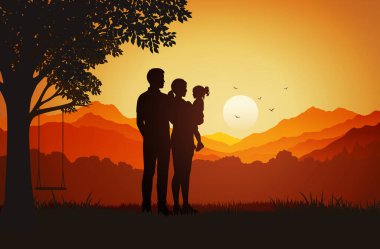 Doğayla çevrili ve arka planda parlayan günbatımı ile büyük bir ağacın altında duran mutlu bir ailenin siluet tarzında bir vektör çizimi. Huzurlu kırsal atmosfer