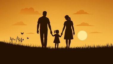 Gün batımında doğada el ele yürüyen bir baba, anne ve kızın güzel bir vektör silüeti. Sıcak renkler, huzurlu ortam ve güçlü aile bağları duygusal bir bağ yaratır.
