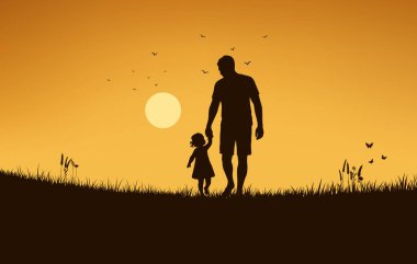 Gün batımında kızıyla el ele yürüyen bir babanın dokunaklı silueti. Aile, duygusal ve ebeveynlik teması için mükemmel..