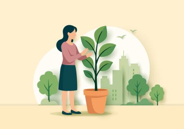 Şehir yeşili arka planda bir tencerede bitki yetiştiren bir kadının düz vektörü. Sürdürülebilirlik, çevre dostu yaşam tarzı, bahçıvanlık ve çevre bakımına ilişkin kavramlar için ideal.