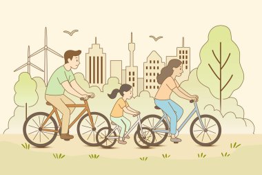 Yeşil bir şehir şehrinde bisiklet süren bir ailenin vektör çizimi. Sürdürülebilir yaşam tarzı, çevre dostu yaşam ve arka planda rüzgar türbinleri ve doğa olan temiz enerji..