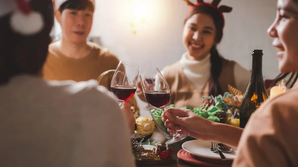 Group Young Asian Friends Cheers Wine Glasses Celebrate Christmas Eve Stock Image