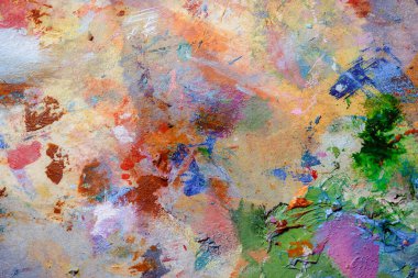 Renkli soyut doku. Sanat paletinde yağlı boya kokusu var. Modern sanat okulunun konsepti. Yaratıcı bir çalışma. Yılın Renkleri 2023 
