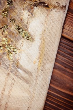 Monochrome linen texture. Strokes of oil paint on a textured canvas. The concept of the modern school of art. Fragment of creative work. Colors of 2023.