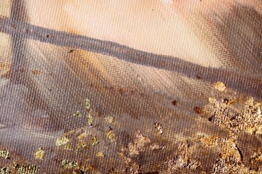 Monochrome linen texture. Strokes of oil paint on a textured canvas. The concept of the modern school of art. Fragment of creative work. Colors of 2023.