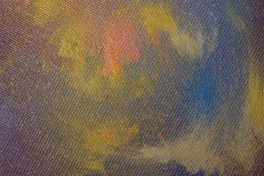 Painted linen texture. Strokes of oil paint on a textured canvas. The concept of the modern school of art. Fragment of creative work.
