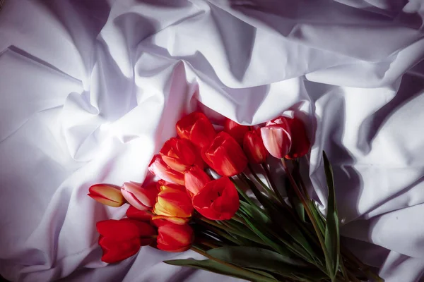 Natural bouquet of spring tulips. Red tulips on a smart white background. Valentine\'s day, mother\'s day, tenderness day, birthday concept. Flowers on the bed linen. Soft selective focus. Spring scene.