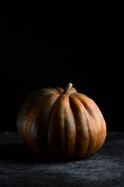 Koyu arkaplanda taze balkabağı. Dokulu turuncu balkabağı. Sonbahar hasadı. Balkabağı turtası için içerik.