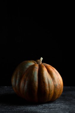Koyu arkaplanda taze balkabağı. Dokulu turuncu balkabağı. Sonbahar hasadı. Balkabağı turtası için içerik.