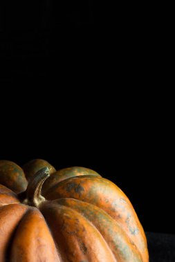 Koyu arkaplanda taze balkabağı. Dokulu turuncu balkabağı. Sonbahar hasadı. Balkabağı turtası için içerik.