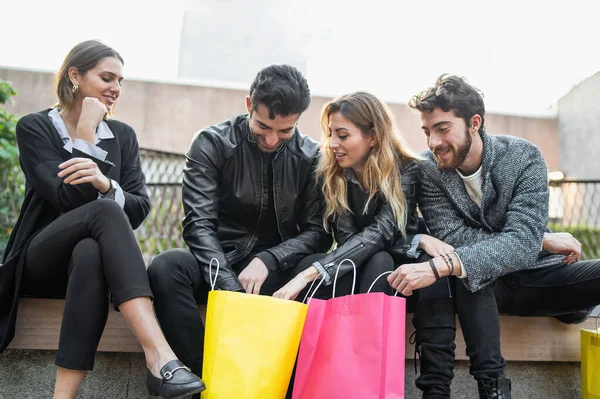 Group Young Friends Shopping Bags Portrait Four People Two Couples — Stockfoto