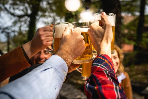 屋外に座っているビールマグカップで乾杯を祝う陽気な友人 田舎の農家に集まり 一緒に応援する若者 親友幸せな瞬間 食べ物と飲み物のライフスタイル — ストック写真