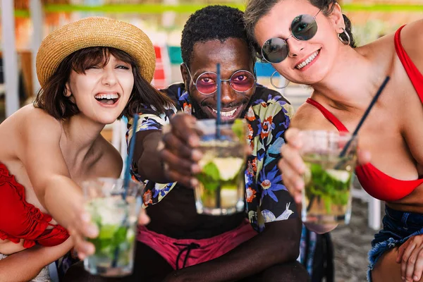 Neşeli çoklu etnik çeşitlilikte genç arkadaşlar kameraya bakıp tezahürat yapıyor. Kokteyl kadehlerini kaldırıyor kameraya bakıyor. Bir Afrikalı erkek ve iki beyaz kadın ellerinde meşrubat bardaklarıyla tezahürat yapıyor.