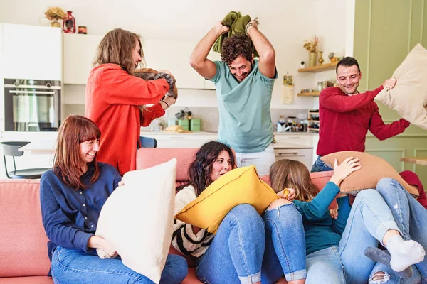Pillow Fight Party Group Young Best Friends Having Fun Living — Foto Stock