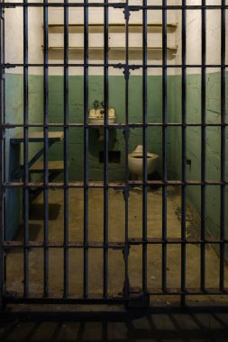 San Francisco - California - United States of America 2022-12-24 - Alcatraz prison cell bars close-up - Close-up of the bars of a small prison cell at Alcatraz, with the toilet and sink visible in the background.