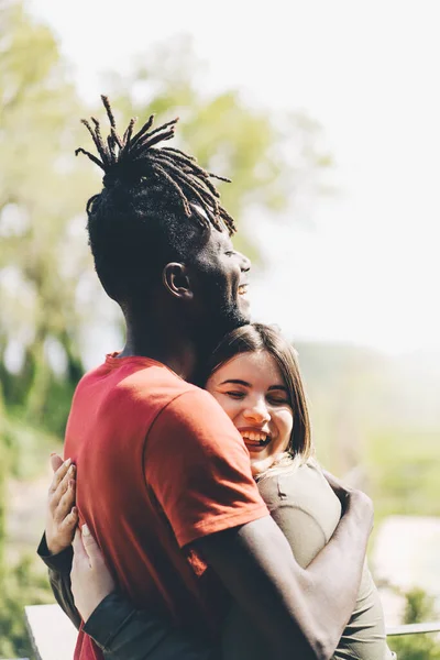 Strong Bond Friendship African Man Braided Hair Caucasian Woman Share — Zdjęcie stockowe