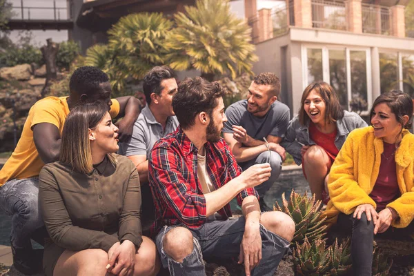 Diverse Group Friends Seated Outdoor Steps Chatting Enjoying Each Other — Stock Photo, Image