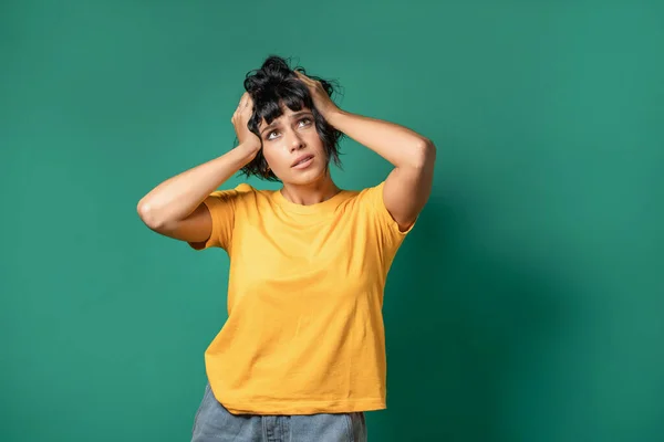 Portrait Young Caucasian Brunette Woman Expressing Stress Pulling Her Hair — Stock Fotó