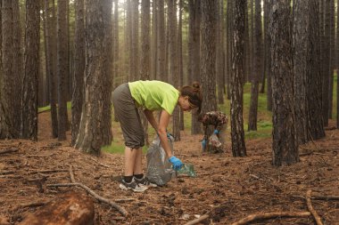 Güneşli bir yaz ormanında, ön plandaki yetişkin bir kadın plastik şişeleri eldivenle toplamak için eğilirken, arka plandaki adam da aynı şeyi yapıyor, ekolojik bilinçli eylemleri vurguluyor..