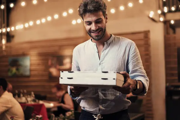 Man His 30S Exits Pizzeria Night Holding Two Takeaway Pizza — Stock Photo, Image