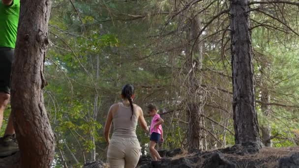 Matčiny Rady Lese Pečující Matka Pomáhá Své Dceři Lézt Pak — Stock video
