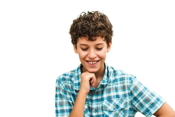 Joyful Young Individual Blue Plaid Shirt Chuckles Showcasing Heartwarming Smile — Stock Photo, Image