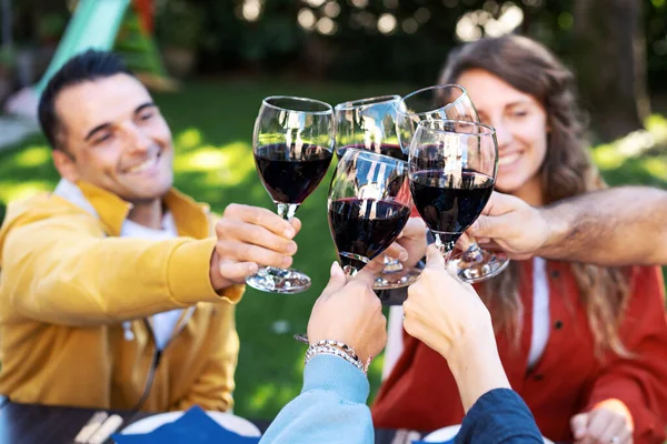 Grupp Unga Vänner Rostar Glatt Med Glas Rött Vin Trädgårdsmiljö — Stockfoto